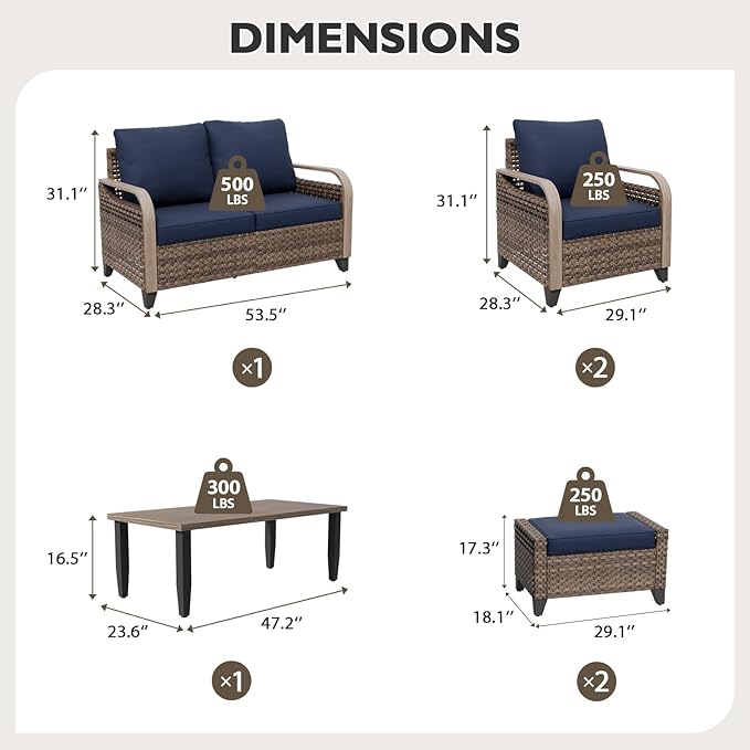 EAGLE PEAK Modern Wicker Outdoor Patio Furniture Set, Patio Conversation Set, 2 Chairs, 2-Seat Loveseat, 2 Ottomans and Coffee Table, 6 Pieces, Brown/Blue