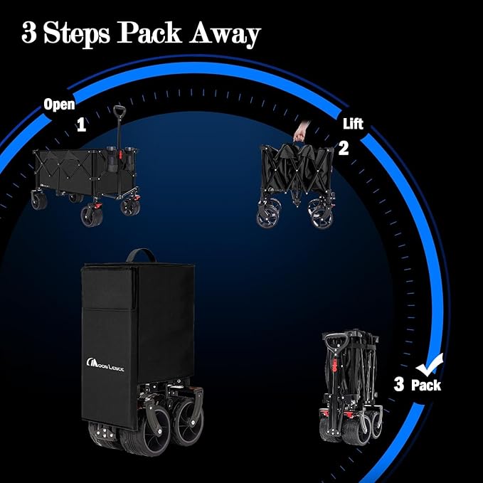 MOON LENCE Large Collapsible Foldable Wagon Cart, 220L Heavy Duty Folding Utility Wagon with All-Terrain Big Wheels, Suiitable for Garden, Grocery, Shopping, Camping, Beach, Picnics