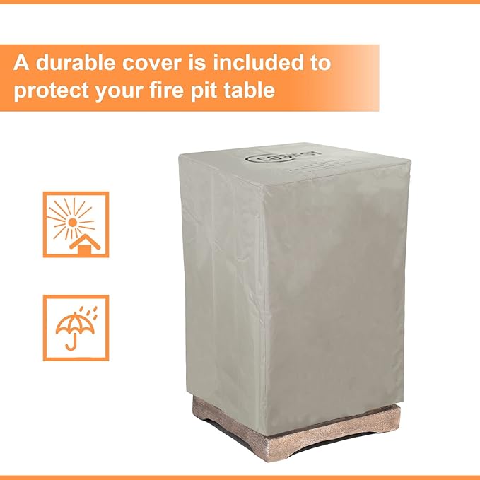 COSIEST Outdoor Propane Fire Pit Table w Faux Brown Compact Ledge Stone 20" Square Base and Faux Rose-Marble Round Bowl, Certified, 40,000 BTU, Free Lava Rocks, Fits 20lb Tank Inside, Raincover