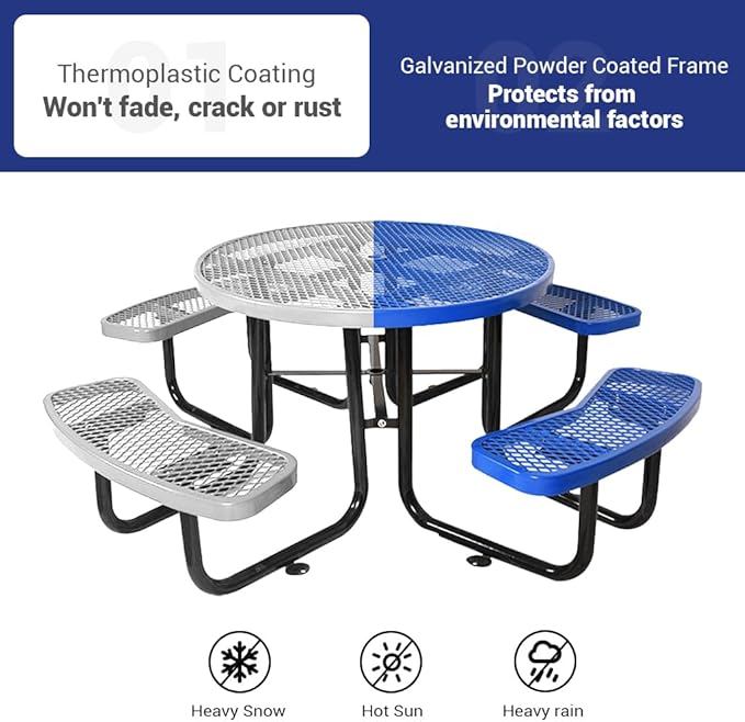 Rueekfil 46" Thermoplastic Picnic Table with Umbrella Hole up to 1.5", Heavy Duty Commercial Picnic Table for Outdoor, Family & Party Ready for School Camping, Round, Blue