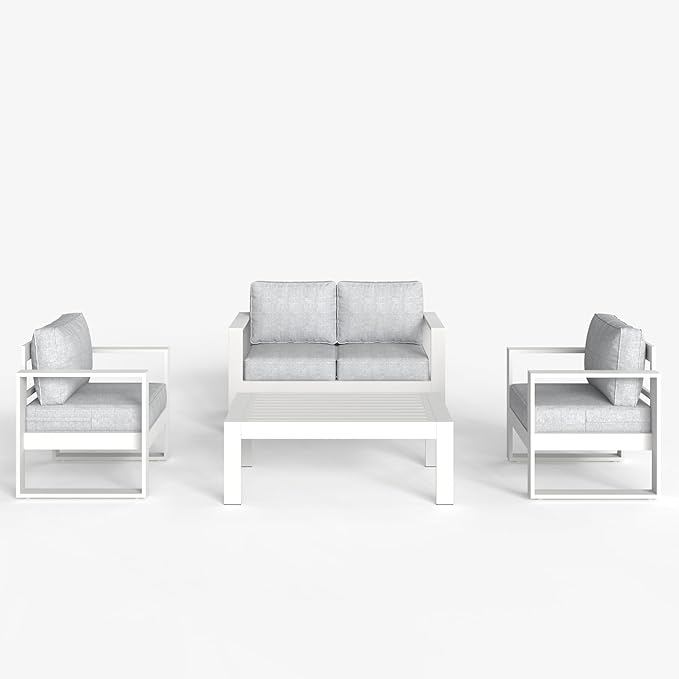 LayinSun 4 Pieces Aluminum Outdoor Patio Furniture Set, Metal Modern Conversation Sofa Set with Coffee Table and Washable Thick Cushions for Porch, Backyard, Deck