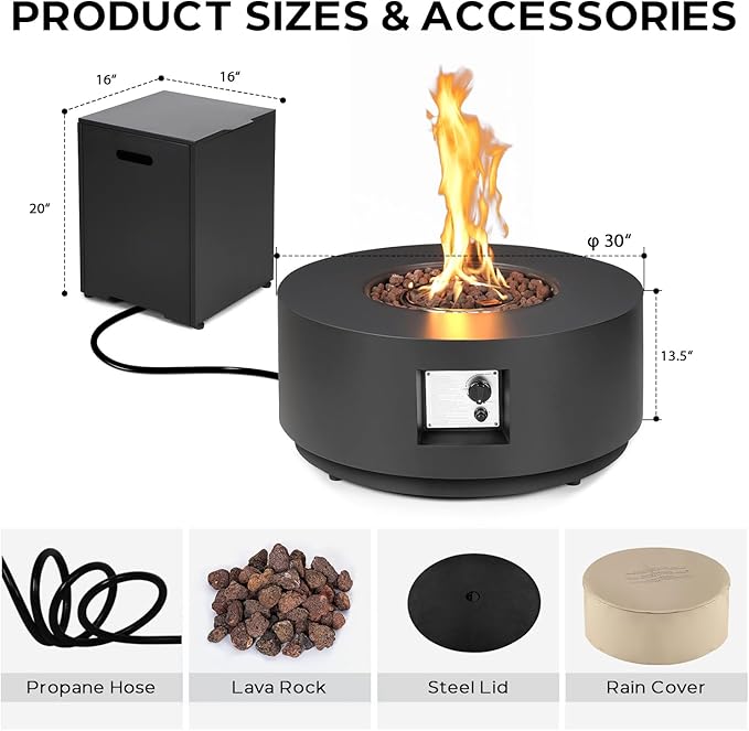 30" Round Propane Fire Pit Table - 50K BTU Round Fire Pits and Tank Cover, ETL Certified Outdoor Fire Table with Lid, Rocks, Rain Cover, Firepit for Outside Patio, Black