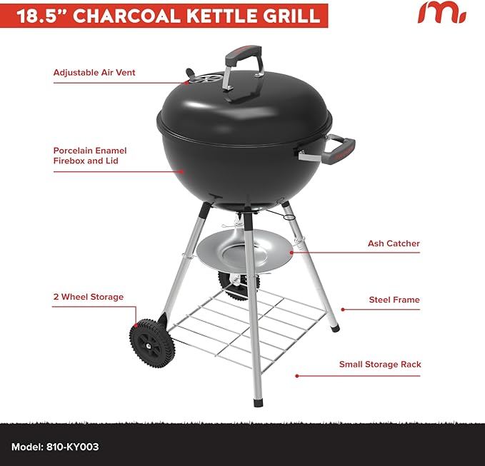 Megamaster 18" Portable Charcoal Barbecue Grill with Adjustable Air Vent, Storage Rack, 245 SQ. In Cooking Area, 2 Wheel Transport BBQ Grill for Camping, Outdoor Cooking, Patios, and More - 810-KY003
