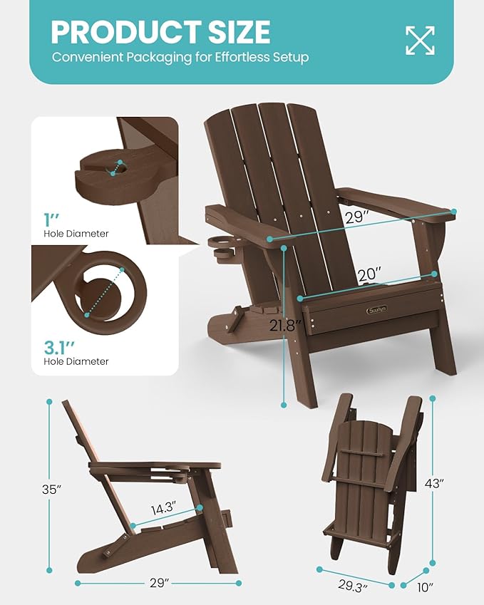 Folding Adirondack Chair 4 Pack, HDPE All-Weather Fire Pit Chairs, Plastic Adirondack Chairs with 2 Cup Holder, Outdoor Lawn Chair for Patio Garden (Brown)