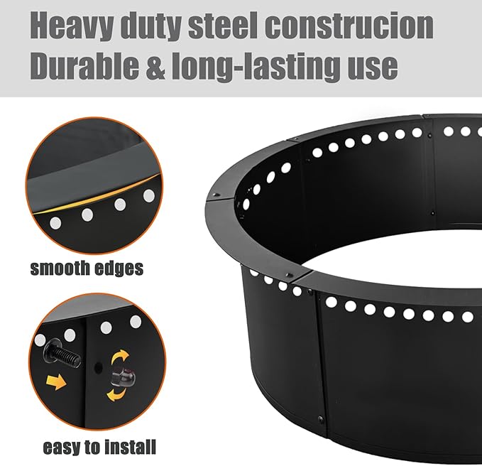 SoulMate Outdoor 48-Inch Outer/42-Inch Inner Fire Pit Ring Smokeless,Duty Solid Metal Steel Round Firepit Rim Insert for DIY Fire Pits, Outdoor Above or In-Ground, Camping Garden Patio Backyard.