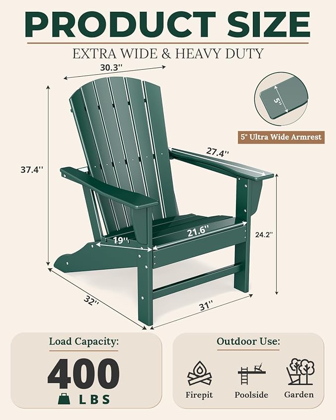 BRIOPAWS Adirondack-Chairs-Set of 4 | Fire Pit Chair | Oversized | HDPE Plastic | Weather Resistant | for Deck Outdoor Poolside Campfire | Forest
