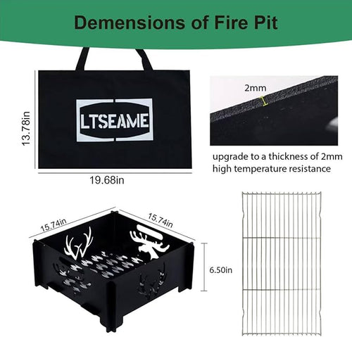 16.5 inch Portable Fire Pit with BBQ Grill for Collapsible Plug Fire Pit Suitable for Camping, Picnics, Courtyards, Garden Bonfires and Outdoor Firewood with Storage Bag (Square S-16.5in)
