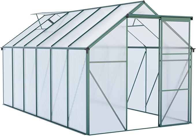 6×12 FT Polycarbonate Greenhouse for Outdoors, Large Walk-in Aluminum Green House Kit with Raised Base, Anchor, Sliding Door & Roof Vent, Heavy-Duty Outdoor Winter Greenhouse, Green