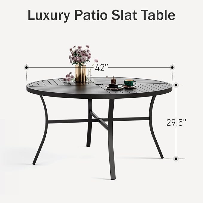 PHI VILLA Outdoor Round Dining Table for 4, 42" Large Metal Wrought Iron Table with Umbrella Hole, All Weather Dining Furniture for Patio, Deck, Yard, Porch - Black