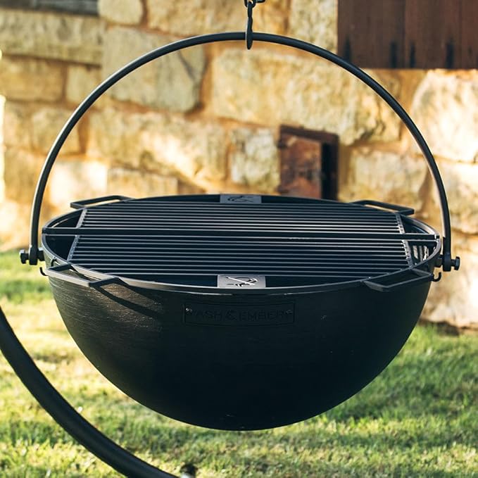 Ash & Ember 30" Cast Iron Cauldron Fire Pit Bowl with Double Hinged Grill Grate-Easy-Lift Handles & Handing Chain, Round Wood Burning Patio Fire Bowl for Backyard Patios