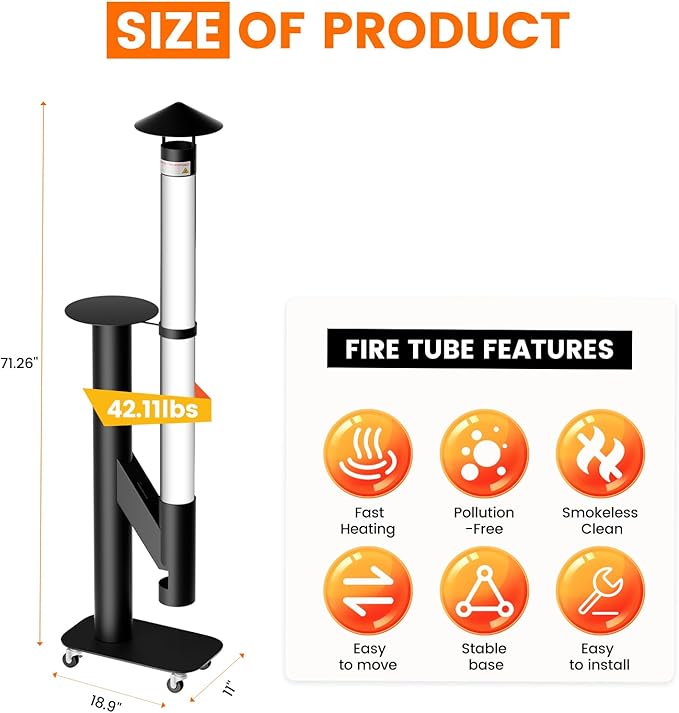 71 Inches Wood Pellet Fire Pits with Wheels - Portable Wood Pellet Heater with Thickened Base- Smokeless Patio Rocket Stove - Painted Stainless Steel Outdoor Fire Pit for Backyard Camping