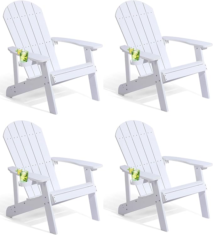 Adirondack Chairs Set of 4, All Weather Resistant Plastic Chairs with Cup Holder, 5 Easy Steps to Install, Outdoor Chairs for Patio, Garden, Backyard Deck, Lawn, Fire Pit - White