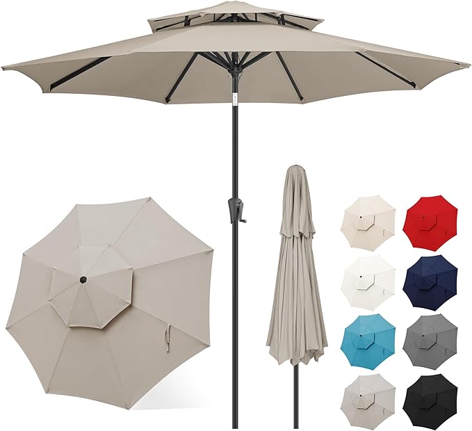 FLAME&SHADE 9ft Patio Umbrella - 2 Tiers Outdoor Umbrella with Push Button Tilt and Crank for UV Protection, Table Market Umbrella for Garden, Deck, Backyard, Pool and Beach(Taupe)