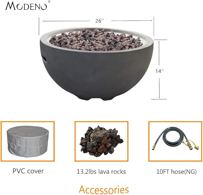 MODENO Outdoor Fire Pit Natural Gas Garden Fire Bowl, 40,000 BTU CSA Certified Firepit，Auto-Ignition System, Lava Rock&PVC Cover Included (26 x 26 x 14'', Grey)