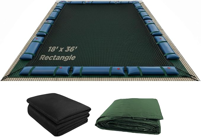 Buffalo Blizzard Supreme Winter Cover Bundle for 18 ft x 36 ft Rectangle Inground or Above Ground Swimming Pools | Green/Black with 5 ft Overlap | Includes Leaf Net Cover