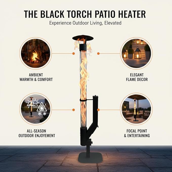 Outdoor Wood Pellet Patio Heater for Outdoor, Stainless Steel Fire Pit with Rain Cap, 2-Hour Burn Time for Backyard, Deck, Camping, Matte Black