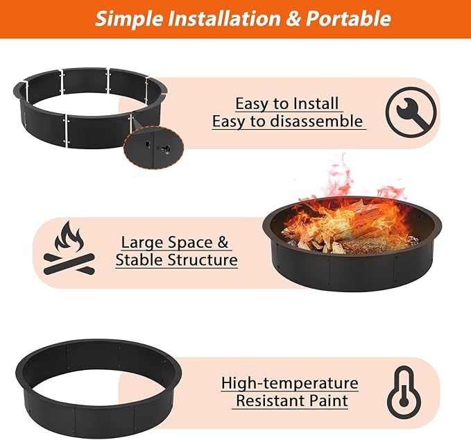 36" Fire Pit Ring Insert, YAHKBTEN Smokeless Heavy Duty Steel Fire Pit for Outdoor, 36"/39" In-Ground Campfire Ring - Portable DIY Frame, Rust-Resistant Backyard Bonfire, Camping & BBQ Essentials