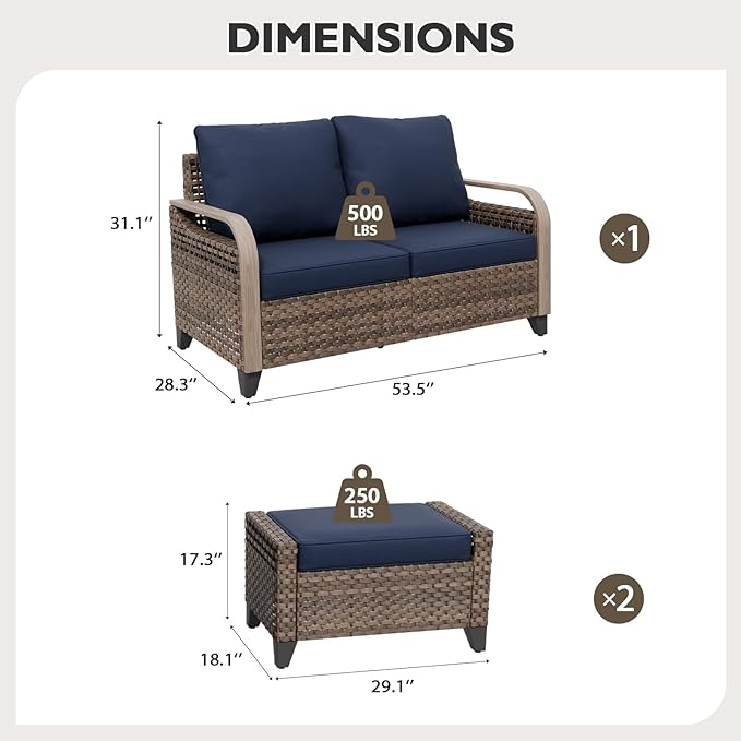 EAGLE PEAK Modern Wicker Outdoor Patio Furniture Set, Patio Conversation Set, a 2-Seat Loveseat and 2 Ottomans, 3 Pieces, Brown/Blue
