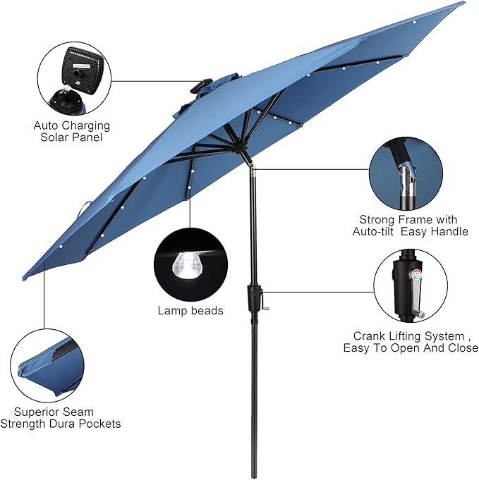 9FT Solar Umbrella 32 LED Patio Umbrellas with Tilt and Crank,Table Market Outdoor Umbrella for Garden,8 Ribs