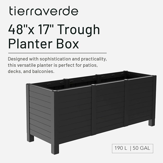 Tierra Verde 17-Inch x 48-Inch Raised Garden Trough Box with Tool-Free Connect System and Crafted from Recycled Materials, for Patios or Decks, Black
