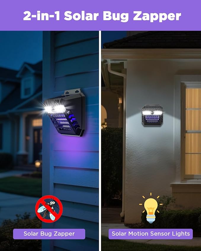 2-in-1 Solar Bug Zapper Outdoor Waterproof with Motion Sensor Light, Cordless Mosquito Zapper Outdoor with 3 Modes, Rechargeable Mosquito Killer Lamp for Patio (Black)