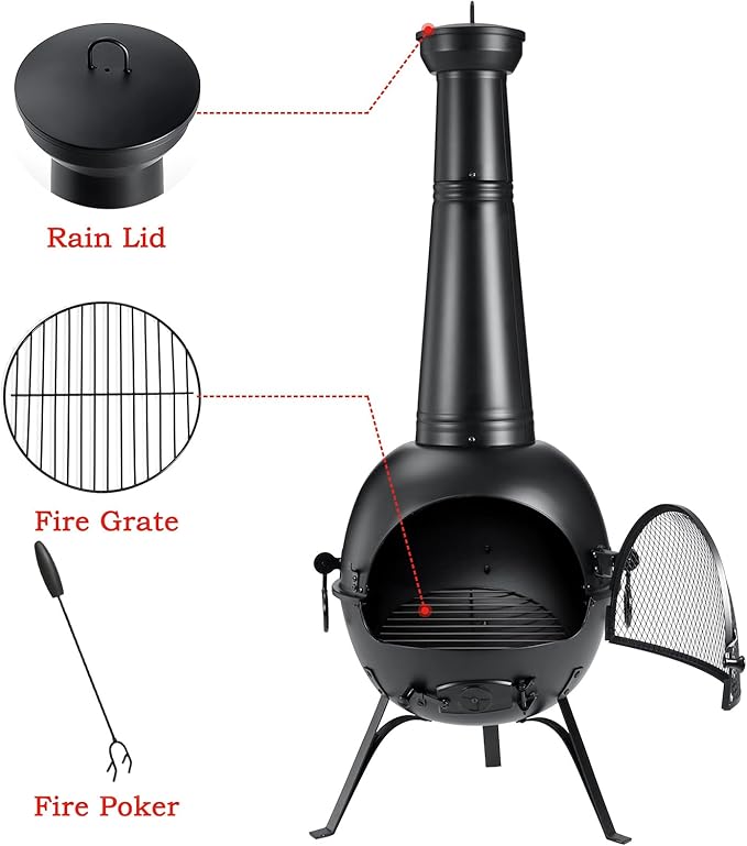 SINGLYFIRE Prairie Fire Outdoor Chiminea Fireplace Deck or Patio Backyard Wooden Fire Pit with Chiminea Cover Rust-Free Iron Black