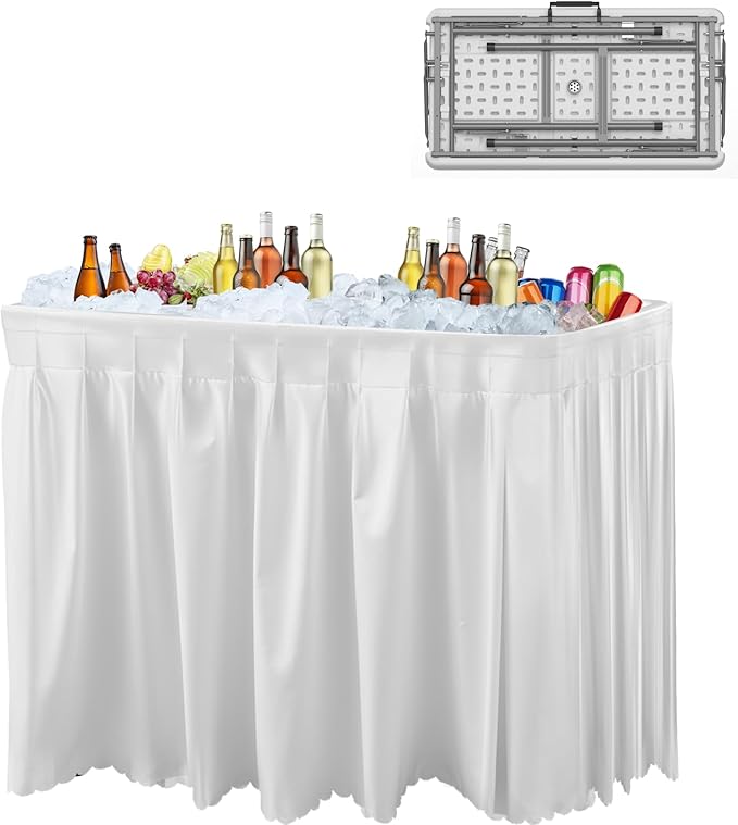 IWDOO 4 Foot Ice Cooler Table, Folding Tailgate Camp Fishing Cleaning with Matching Skirt & Drain Hose, Plastic Ice Table for Party, BBQ, Camping, Picnic, Barbecues to Keep Drinks Cool, White