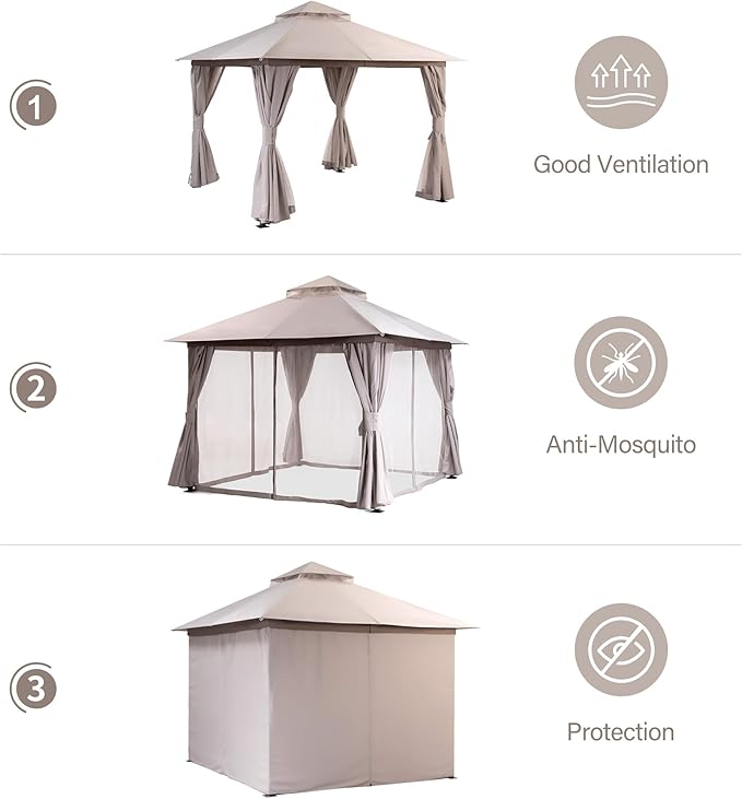 LAUSAINT HOME Outdoor Patio Gazebo 10'x10' with Expansion Bolts, Heavy Duty Party Tent & Shelter with Double Roofs, Mosquito Nettings and Privacy Screens for Backyard (Khaki)