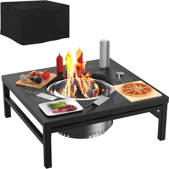 45 Inch Fire Pit Surround Tabletop for Solo Stove Yukon/Bonfire/Tiki Accessories, Smokeless Fire Pit Table & Dust Cover for Solo Stove and Other Wood Burning, Powder-Coated Steel Stove Table Surround