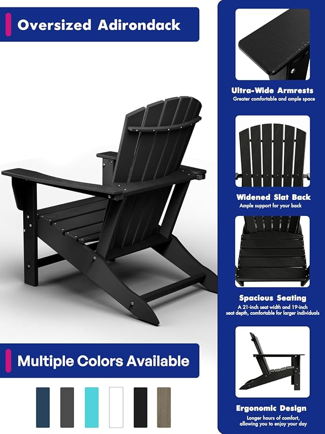BRIOPAWS Adirondack-Chairs-Set of 6 | Fire Pit Chair | Oversized | HDPE Plastic | Weather Resistant | for Deck Outdoor Poolside Campfire | Black