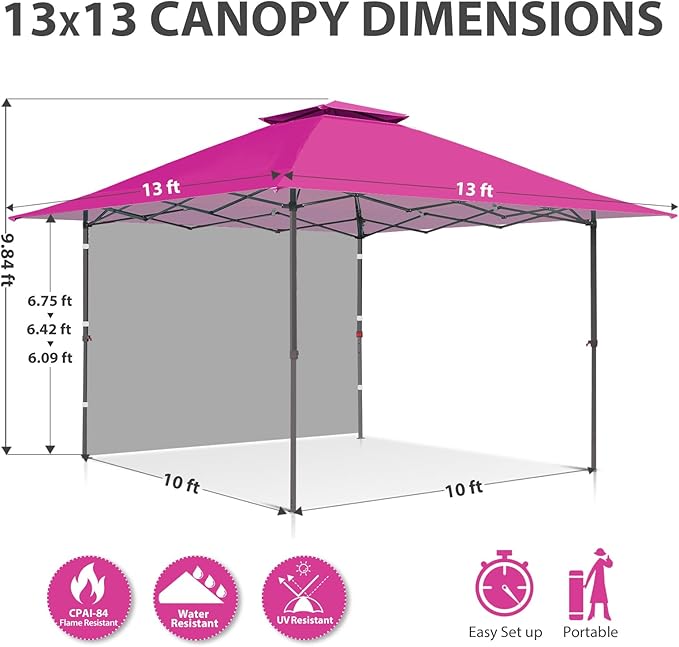 EAGLE PEAK 13x13 Pop up Canopy Tent w/One Wall, Instant Canopy Easy Set up Folding Shelter w/One Privacy Curtain, 169 Square Feet Sun Shade, Light Pink