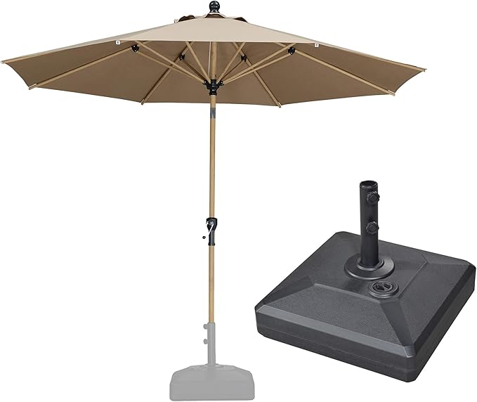 PURPLE LEAF 8 Feet Market Umbrella with Base Patio Umbrella Round Outdoor Table Umbrella with Push Button Tilt & Crank and 8 Ribs Aluminum Outdoor Umbrella for Garden Deck Balcony, Taupe
