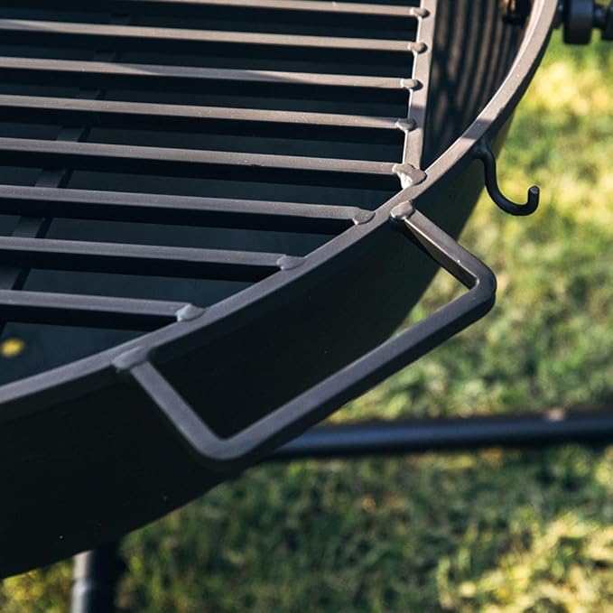Ash & Ember 30" Cast Iron Cauldron Fire Pit Bowl, Double Hinged Grill Grate with Easy-Lift Handles, Handing Chain and Cauldron Stand, Round Wood Burning Patio Fire Bowl for Backyard Entertainment