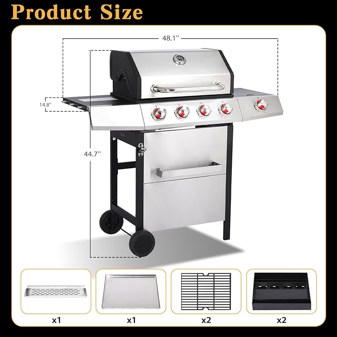 CIG GARDEN 4 Burner Gas Grill Combo with Side Burner, 3 in 1 Gas BBQ Grill with Charcoal Grill and Griddle, 52,000 Outdoor Barbecue Grill Perfect for Outdoor Cooking, Balcony, Backyard, Camping