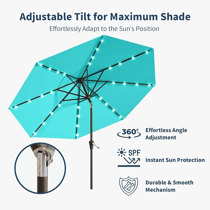 9FT Solar Umbrella 32 LED Lighted Patio Umbrella Table Market Umbrella w/Tilt and Crank, UV-Resistant Outdoor Umbrella for Pool, Garden, Deck, Aqua Blue