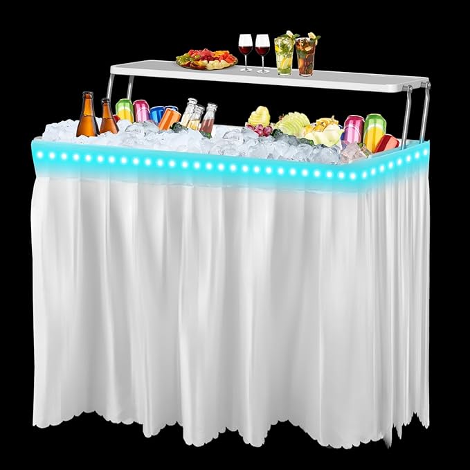 IWDOO 4 Foot Led Ice Cooler Table, Two-Tier Outdoor Cooler Table with Removable Matching Skirt LED Light Strip Drain Plug and Shelf, Plastic Chill Tables to Keep Drinks Cool for Party, Camping, Picnic