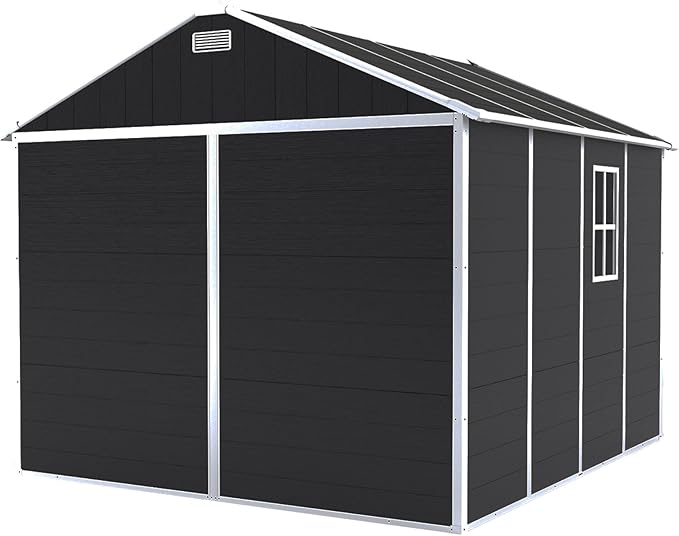 Outdoor Storage Shed 8x8 FT, Resin Shed with Floor & Window, Lockable Door, Vents, Outside Sheds & Garden Shed for Patio Furniture, Gardening Tools, Pool Equipment (Dark Gray, 8 * 8ft)