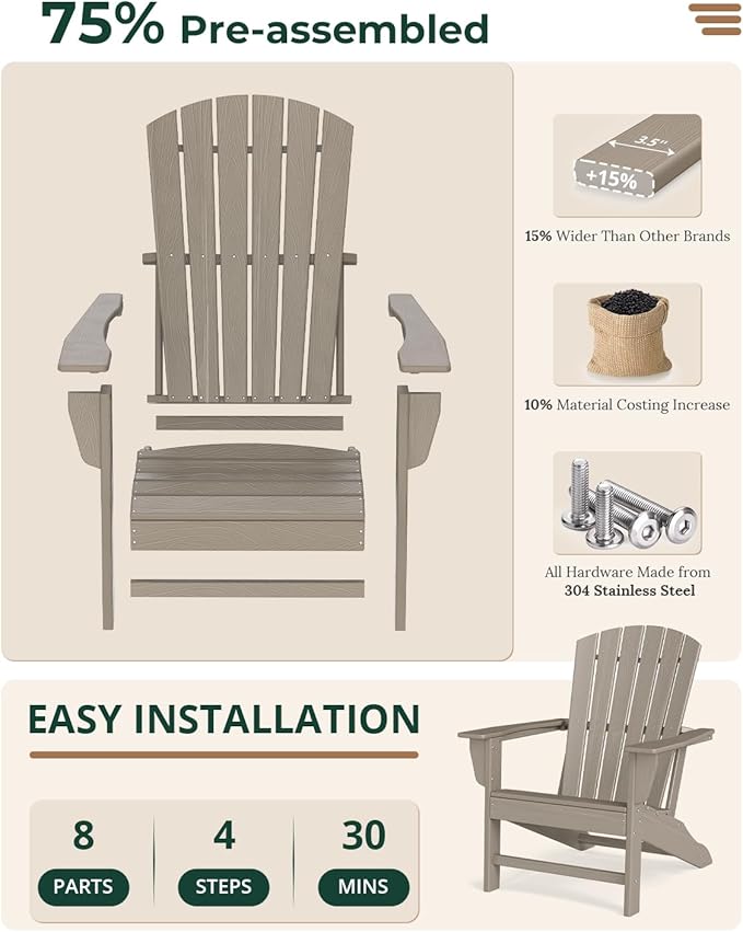 BRIOPAWS Adirondack-Chairs-Set of 4 | HDPE Plastic | Fire Pit Chair | Oversized | Wood Grain | All Weather | for Deck Outdoor Poolside Campfire