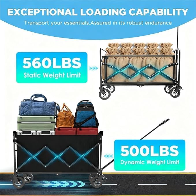 Wagons Carts Foldable with Brakes & All-Terrain Wheels, 560LBS Capacity Utility Cart for Beach Trips, Outdoor Camping, Sports & Garden Use – Black
