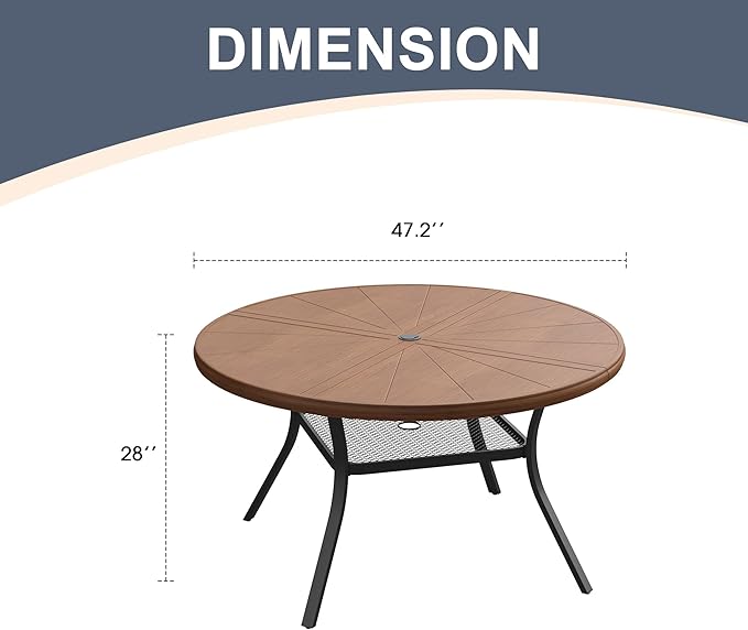 VICLLAX Round Patio Dining Table, 4-6 Person Aluminum Outdoor Dining Table with Umbrella Hole and Storage Shelf for Garden Lawn Deck, 47.2" Walnut