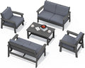 SERWALL HDPE Patio Furniture Set, 5 Piece All Weather Wood-Like Sectional Outdoor Furniture Set, Grey Patio Sofa Couch with Grey Cushions for Deck, Lawn
