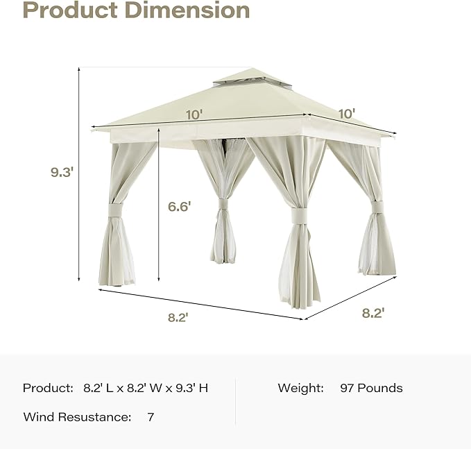 LAUSAINT HOME Gazebo 10x10ft, Heavy Duty Patio Gazebo with Expansion Bolts, Party Canopy Tent with Double Roofs, Mosquito Nettings and Privacy Screens for Backyard, Garden, Lawn, Cream White