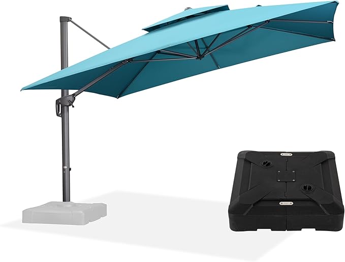 PURPLE LEAF 12ft Patio Umbrella with Base Large Outdoor Square Umbrella Deluxe Hanging Double Top Cantilever Offset Market Umbrella Windproof Garden Umbrella Turquoise Blue