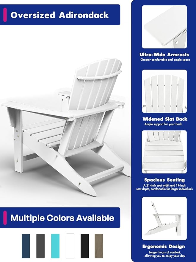 BRIOPAWS Adirondack-Chairs-Set of 6 | Fire Pit Chair | Oversized | HDPE Plastic | Weather Resistant | for Deck Outdoor Poolside Campfire | White