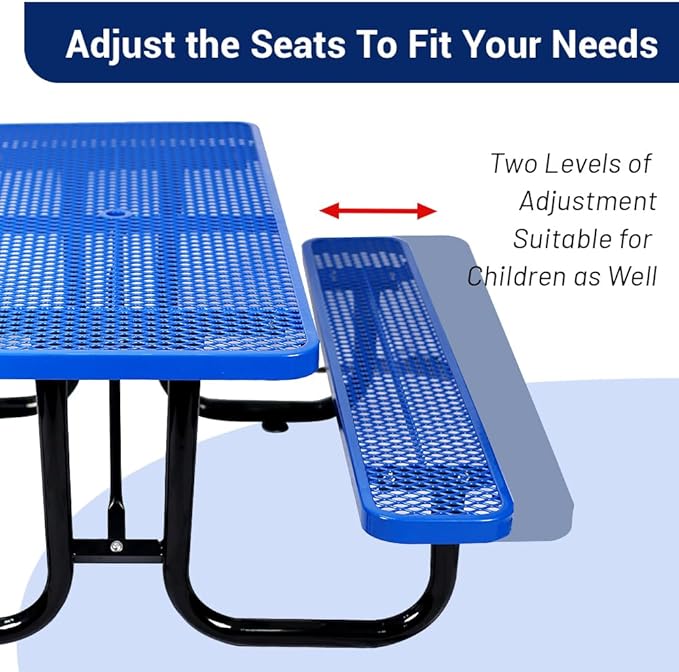 Rueekfil 72" Thermoplastic Picnic Table with Umbrella Hole up to 1.5", Heavy Duty Commercial Picnic Table for Outdoor, Family & Party Ready for School Camping, Rectangular, Blue
