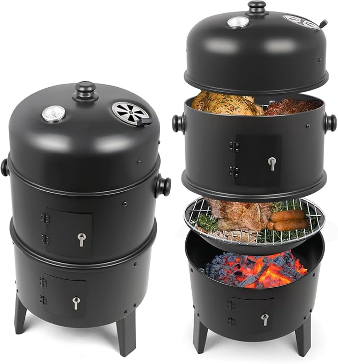 HALNYHYFD Charcoal BBQ Smoker, 16 Inch Heavy Duty Grill with 2 Cooking Area and Thermometer, 4 In 1 Vertical Smokers Grill for Outdoor Camping Backyard Picnic Party