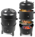 HALNYHYFD Charcoal BBQ Smoker, 16 Inch Heavy Duty Grill with 2 Cooking Area and Thermometer, 4 In 1 Vertical Smokers Grill for Outdoor Camping Backyard Picnic Party