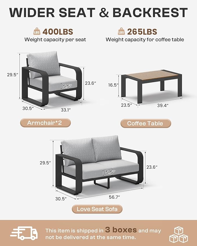 Oasbira Aluminum Outdoor Patio Furniture Set, 4 Piece Oversized Patio Conversation Sets Widened Armrest & Ultra-Thick Cushions, Heavy Duty Modern Sectional Furniture for Backyard, Deck, Gray