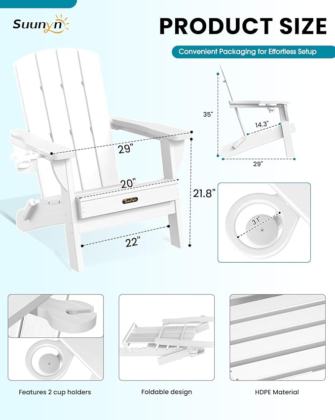 Folding Adirondack Chair, HDPE All-Weather Fire Pit Chairs, Plastic Adirondack Chairs with 2 Cup Holder, Outdoor Lawn Chair for Patio Garden (White)