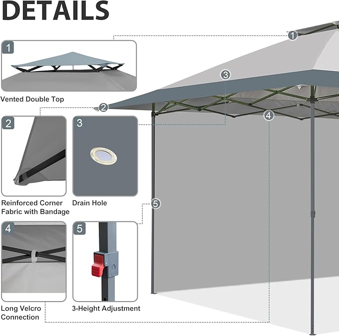 EAGLE PEAK 13x13 Pop up Canopy Tent w/One Wall, Instant Canopy Easy Set up Folding Shelter w/One Privacy Curtain, 169 Square Feet Sun Shade, Light Gray